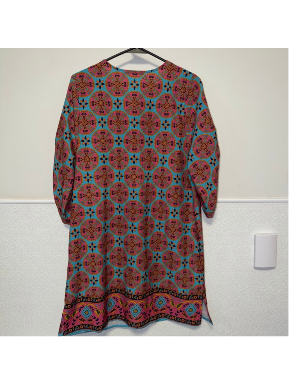 Women's Bohemian Neck Tie Urban Coco Mini Dress L Blue Pink Boho Print New NWT - Picture 4 of 14